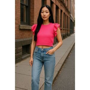 DAY+ MOON Crop Sweater - Hot Pink and White Short Sleeve for Women Size S